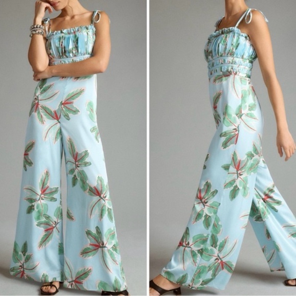 NWT Anthropologie Hutch Blue Floral Tropical Resort Wide Leg Jumpsuit